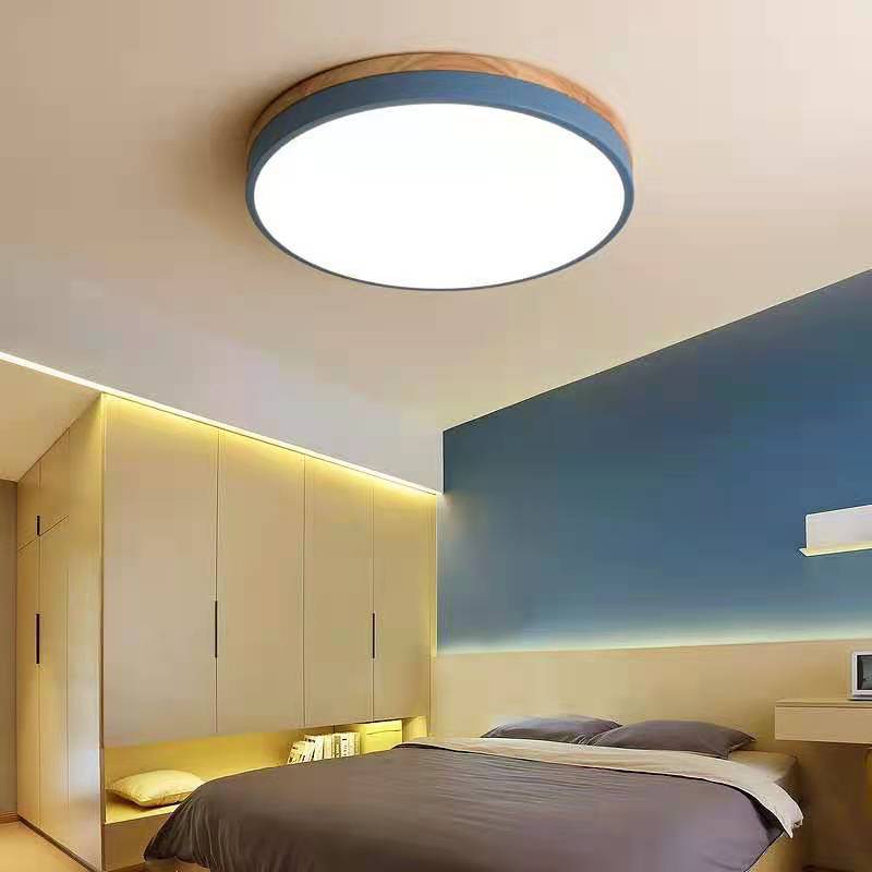 Ronde houten plafondlamp LED 30/40/50 cm dimbaar met afstandsbediening natuurhout wit geel roze blauw | Sulvida