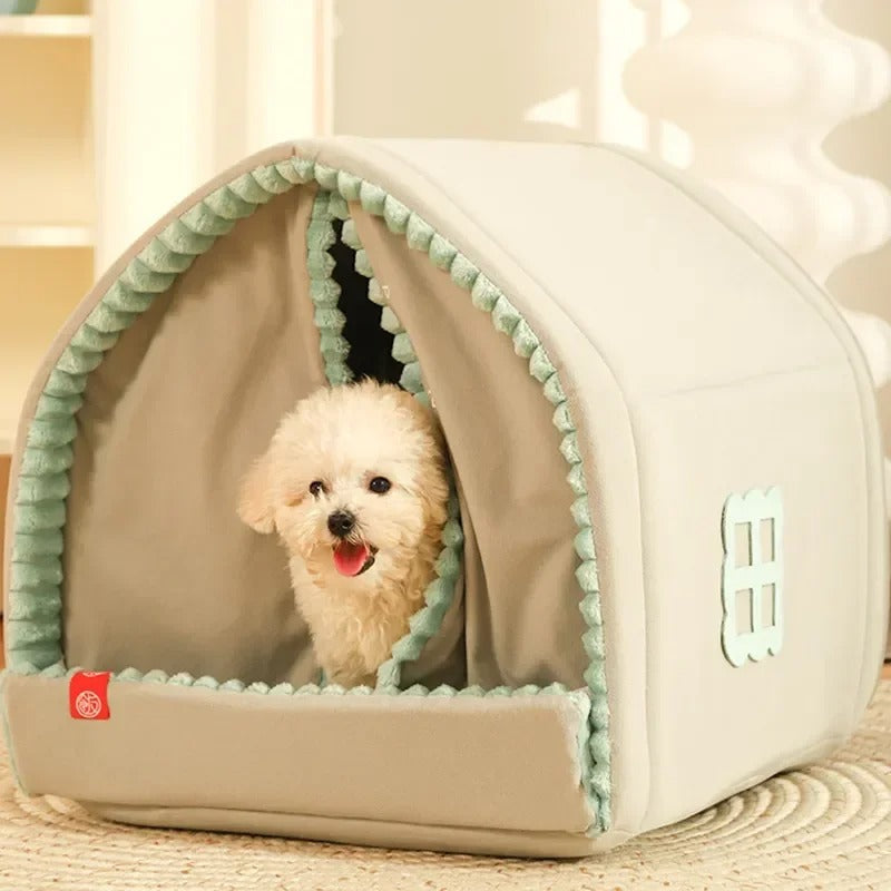Huisdierentent met Gordijn Geborduurd Hondenbed Kattenmand Privacy Rustplek Afsluitbaar Huisdierhuis | Sulvida