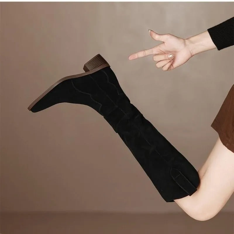 Bottes hautes pour femme noires et beiges à bout pointu et talon carré, élégantes, bottes d’hiver à la mode pour l’automne et l’hiver | Sulvida