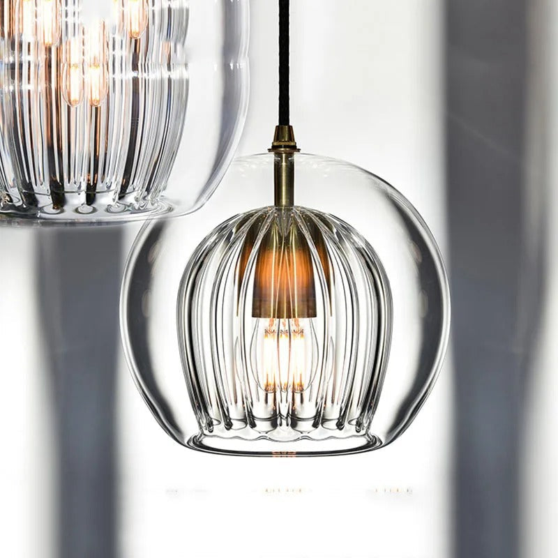 Glazen Hanglamp Bol Modern Metaal Kap Transparant Amber Grijs Woonkamer Eetkamer Slaapkamer LED Verlichting | Sulvida