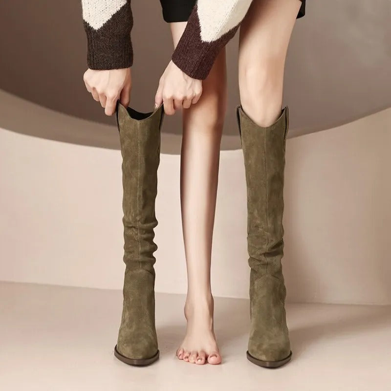 Bottes hautes pour femme noires et beiges à bout pointu et talon carré, élégantes, bottes d’hiver à la mode pour l’automne et l’hiver | Sulvida