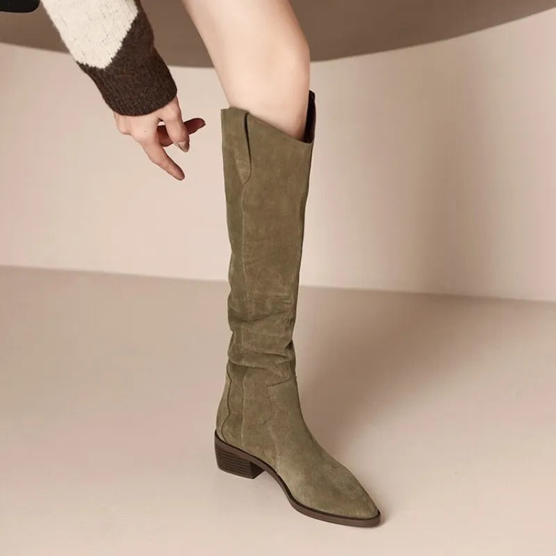 Bottes hautes pour femme noires et beiges à bout pointu et talon carré, élégantes, bottes d’hiver à la mode pour l’automne et l’hiver | Sulvida