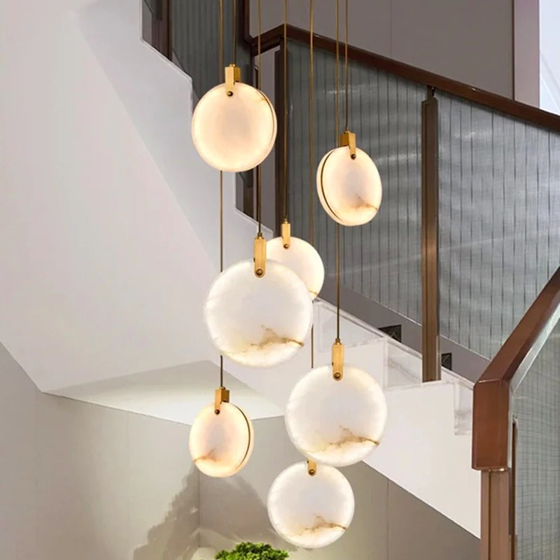 Alabaster spiraal hanglamp kroonluchter geborsteld goud instelbare hoogte dimbaar LED sfeerverlichting | Sulvida