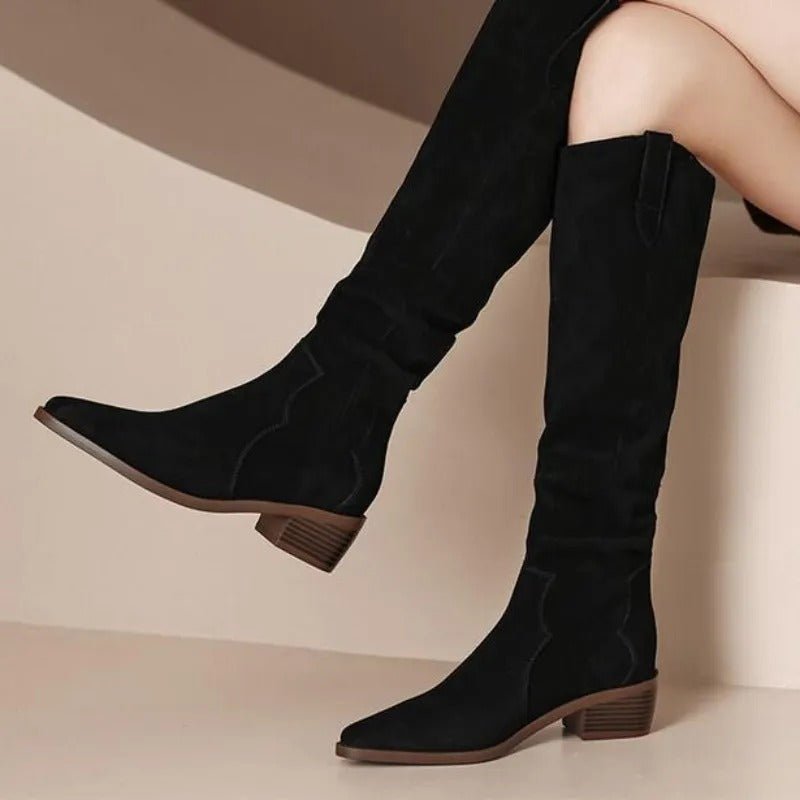 Bottes hautes pour femme noires et beiges à bout pointu et talon carré, élégantes, bottes d’hiver à la mode pour l’automne et l’hiver | Sulvida