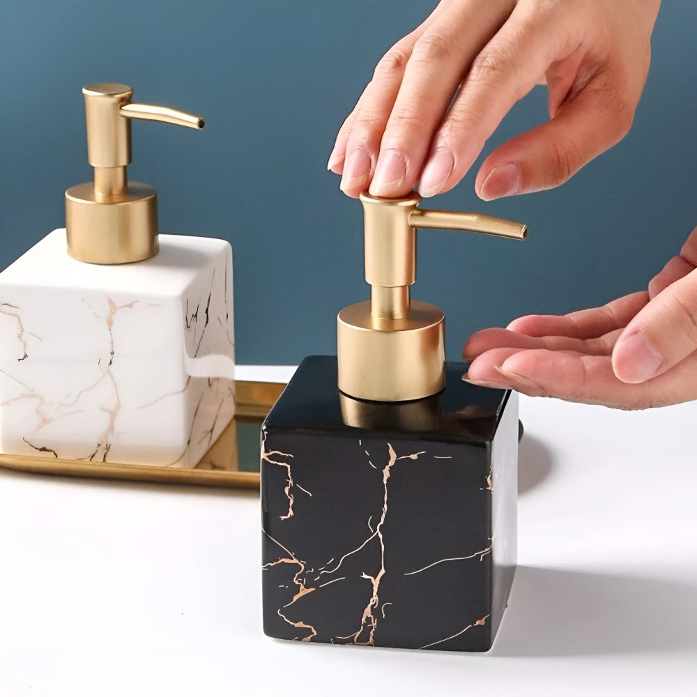 Zeepdispenser Marmer Design Keukens Badkamer Keramiek Gouden Pomp 280ml Luxe Zeepdoseerder Elegant Stijlvol | Sulvida