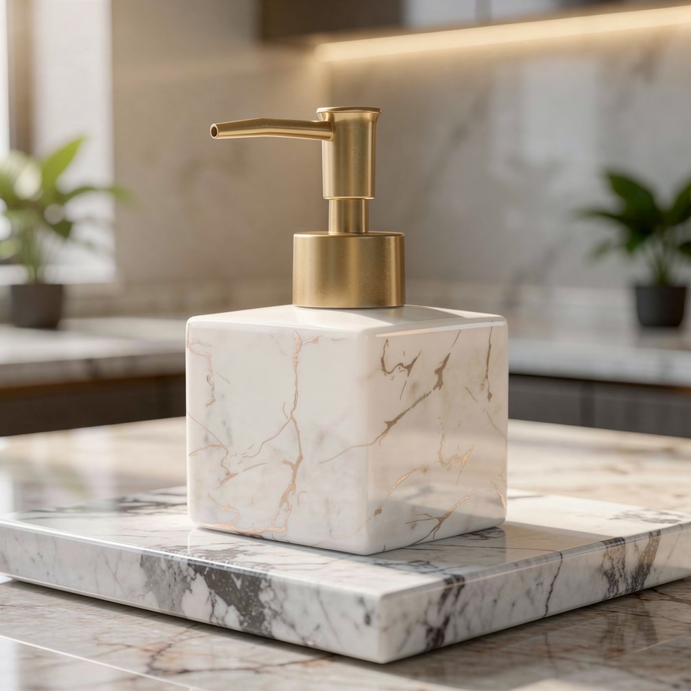 Zeepdispenser Marmer Design Keukens Badkamer Keramiek Gouden Pomp 280ml Luxe Zeepdoseerder Elegant Stijlvol | Sulvida