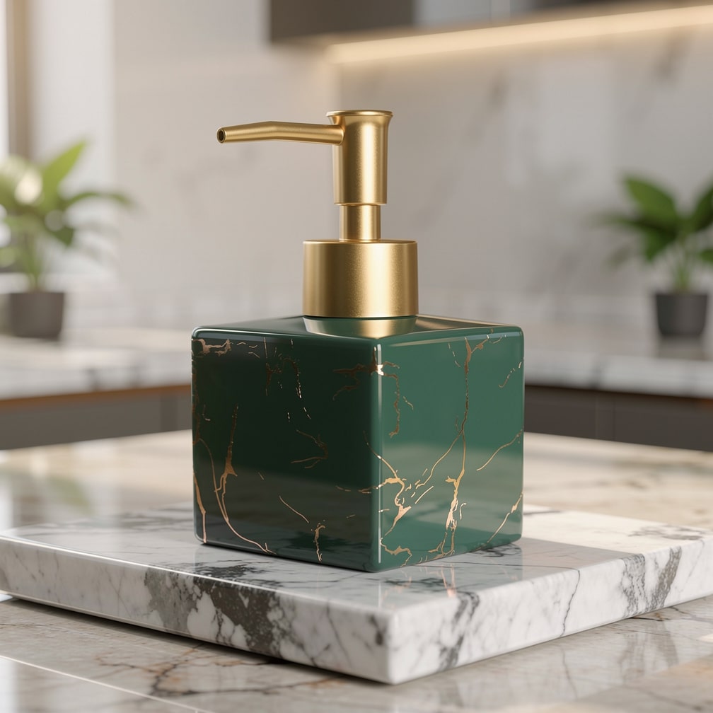 Zeepdispenser Marmer Design Keukens Badkamer Keramiek Gouden Pomp 280ml Luxe Zeepdoseerder Elegant Stijlvol | Sulvida