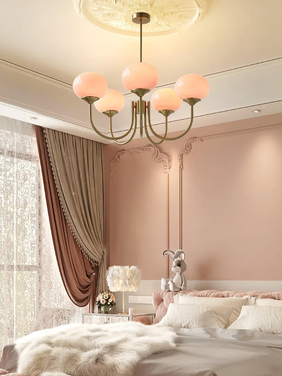 Glazen kroonluchter met metalen armatuur ø46cm & ø67cm 3 of 5 lichtpunten roze wit crème koper chroom | Sulvida