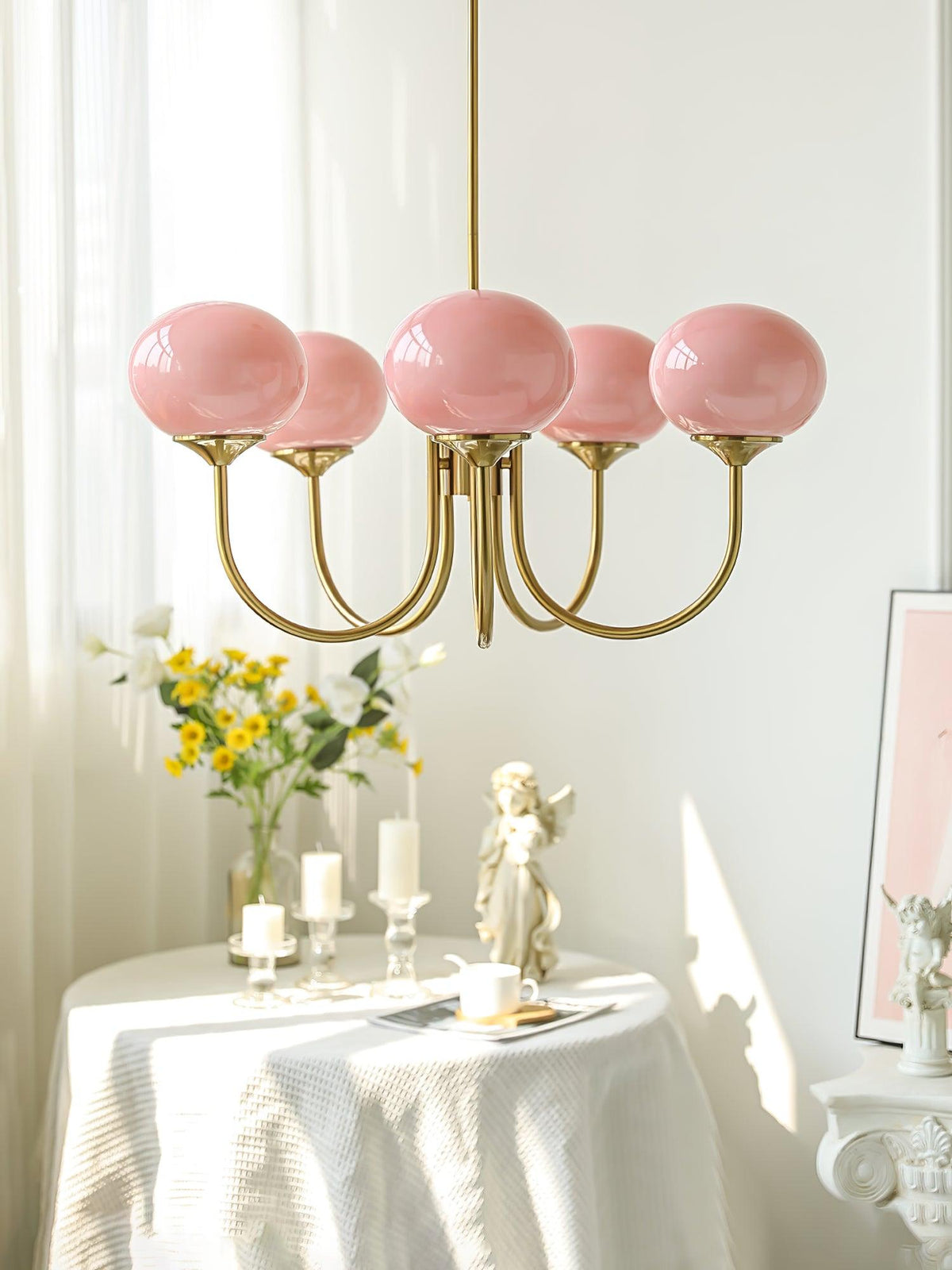 Glazen kroonluchter met metalen armatuur ø46cm & ø67cm 3 of 5 lichtpunten roze wit crème koper chroom | Sulvida