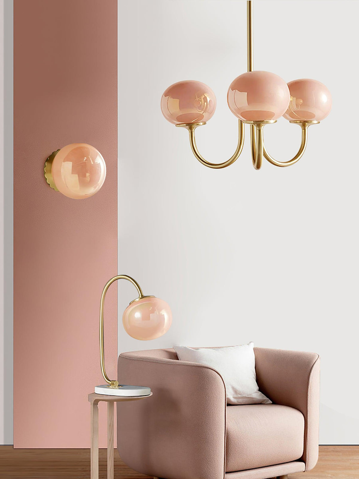 Glazen kroonluchter met metalen armatuur ø46cm & ø67cm 3 of 5 lichtpunten roze wit crème koper chroom | Sulvida