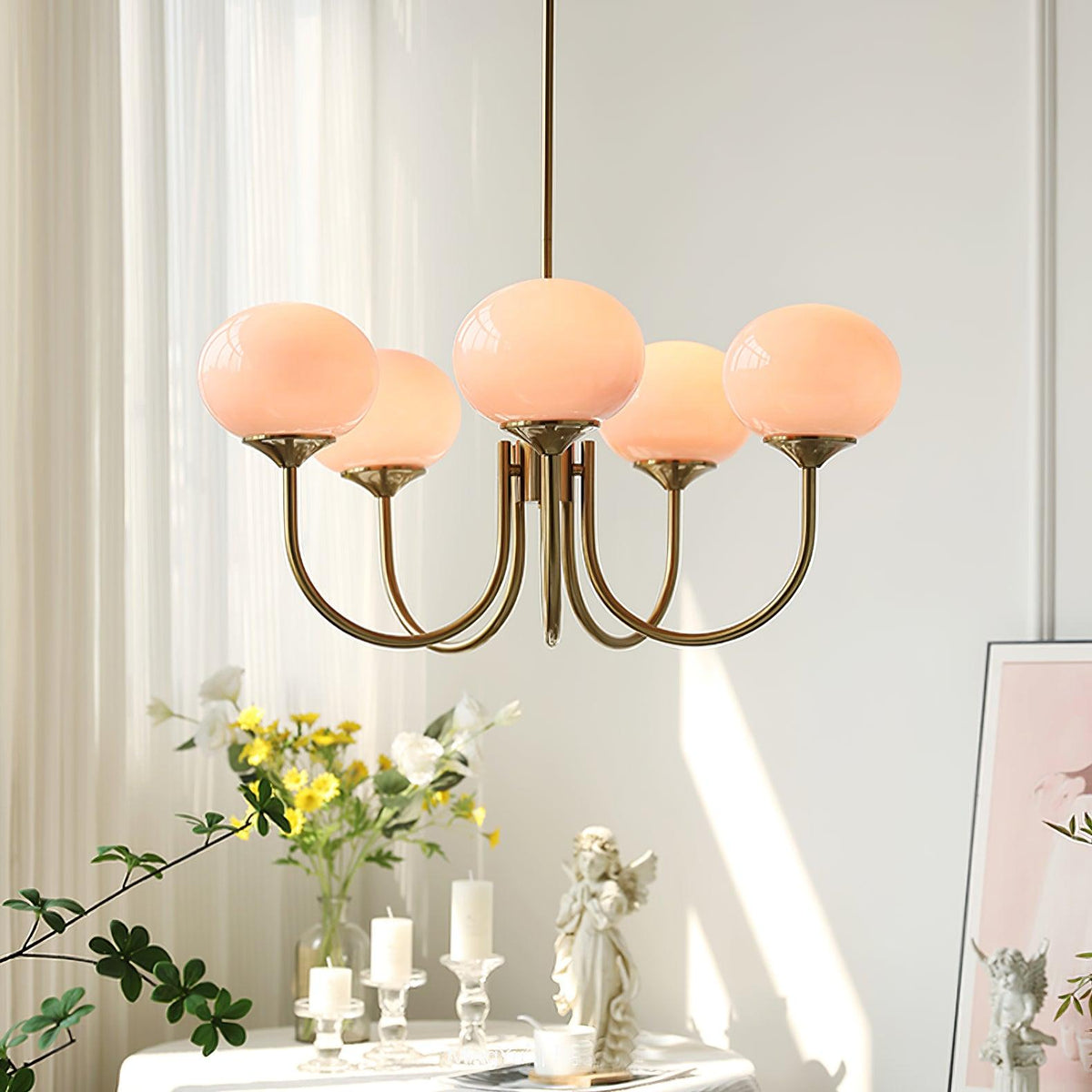 Glazen kroonluchter met metalen armatuur ø46cm & ø67cm 3 of 5 lichtpunten roze wit crème koper chroom | Sulvida