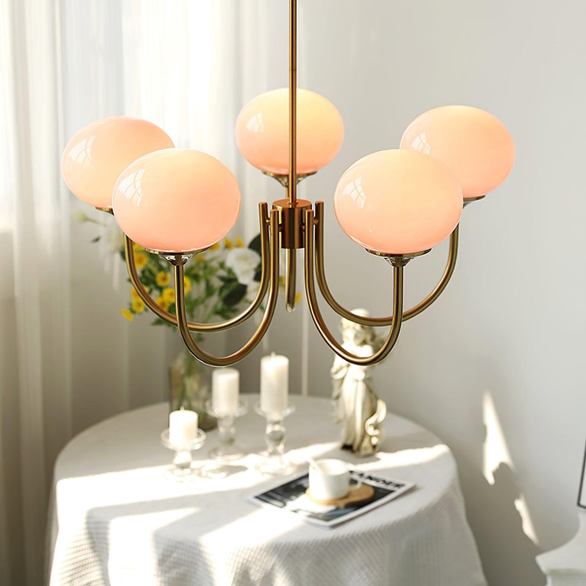 Glazen kroonluchter met metalen armatuur ø46cm & ø67cm 3 of 5 lichtpunten roze wit crème koper chroom | Sulvida