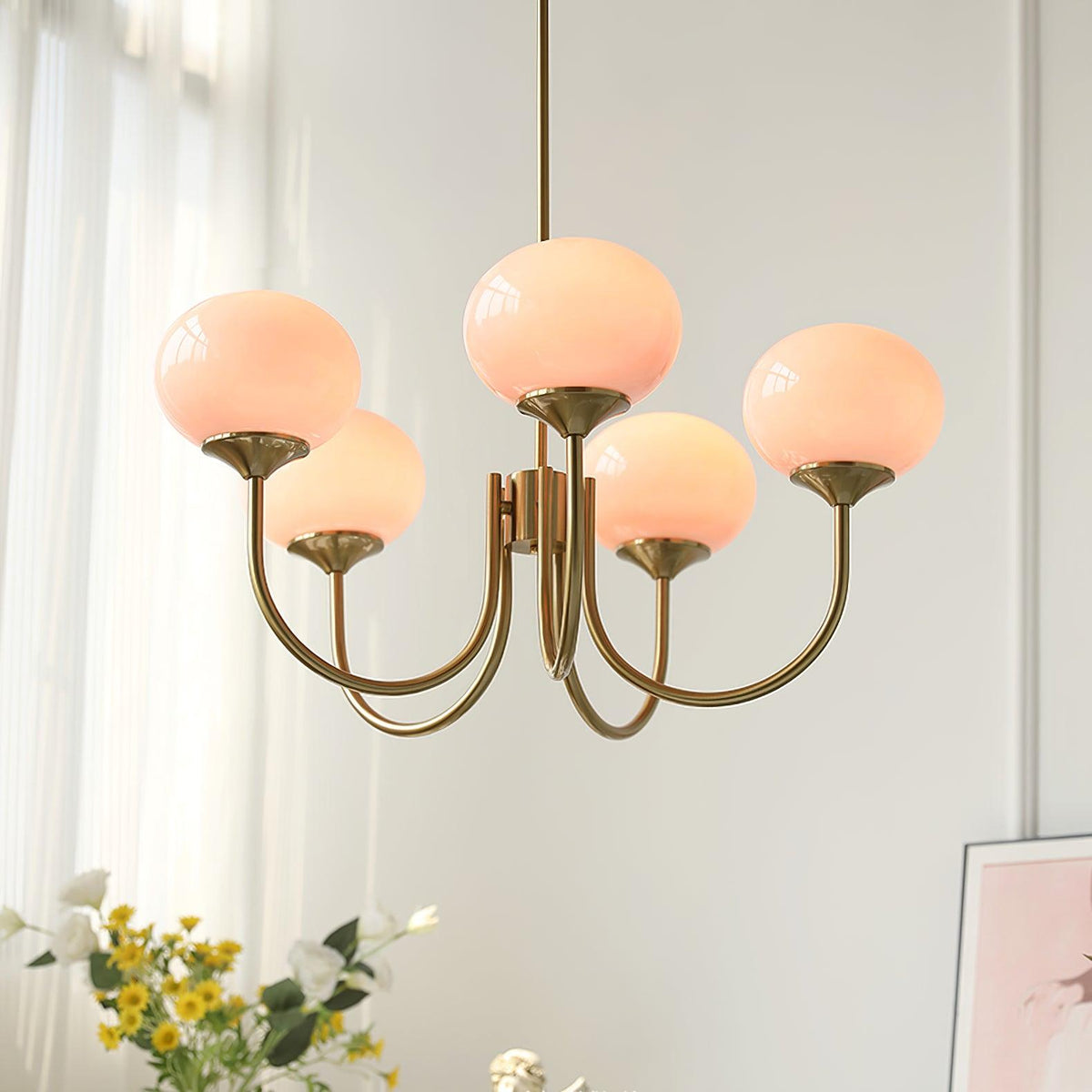 Glazen kroonluchter met metalen armatuur ø46cm & ø67cm 3 of 5 lichtpunten roze wit crème koper chroom | Sulvida