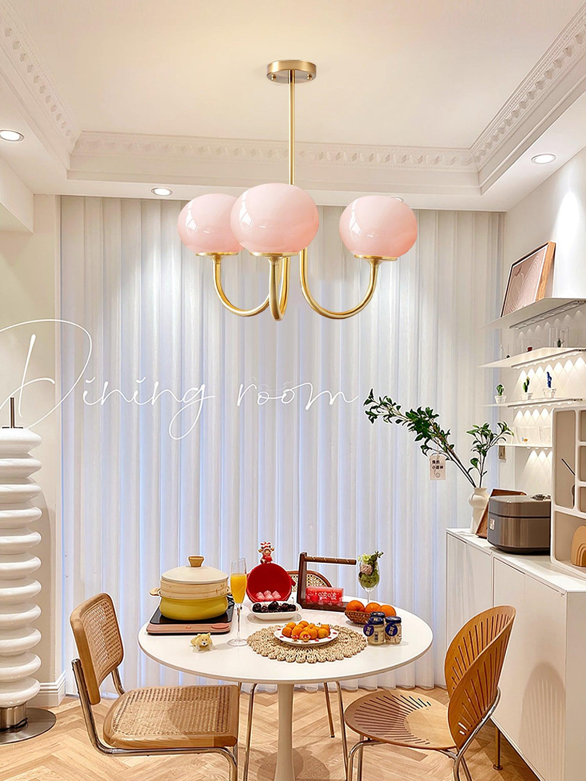 Glazen kroonluchter met metalen armatuur ø46cm & ø67cm 3 of 5 lichtpunten roze wit crème koper chroom | Sulvida