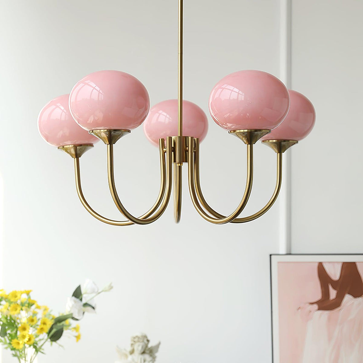 Glazen kroonluchter met metalen armatuur ø46cm & ø67cm 3 of 5 lichtpunten roze wit crème koper chroom | Sulvida