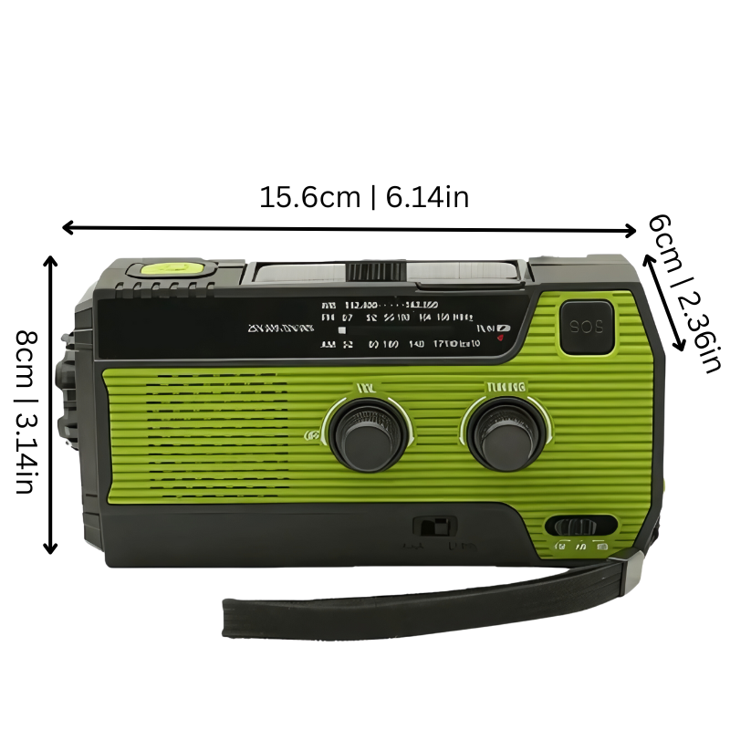 Nood-Radio All-in-One met Zaklamp en Powerbank 4000mAh – AM/FM-Radio, SOS-Alarm, Oplaadbaar via USB, Zonne-Energie en Handslinger – Waterdicht Noodradio voor Camping, Outdoor en Rampenvoorbereiding | Sulvida