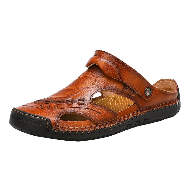Heren Sandalen Ademend Leer Handgemaakt Comfort Zomer Klassiek Ronde Neus Loopzool Outdoor Casual Stijl | Sulvida