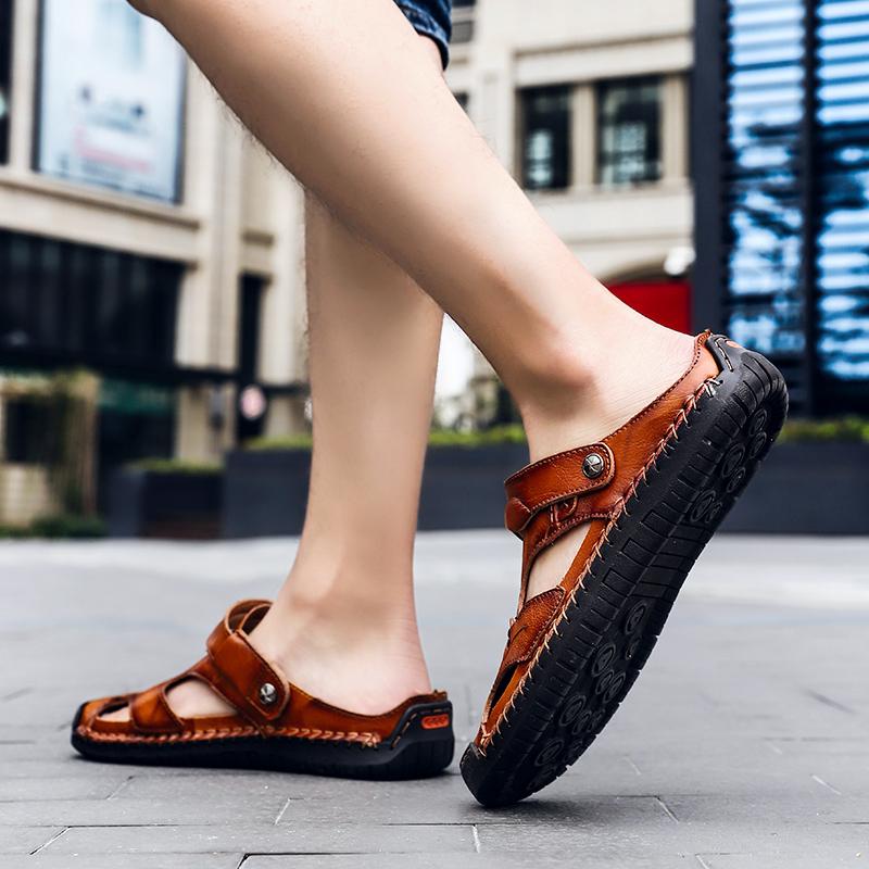 Heren Sandalen Ademend Leer Handgemaakt Comfort Zomer Klassiek Ronde Neus Loopzool Outdoor Casual Stijl | Sulvida