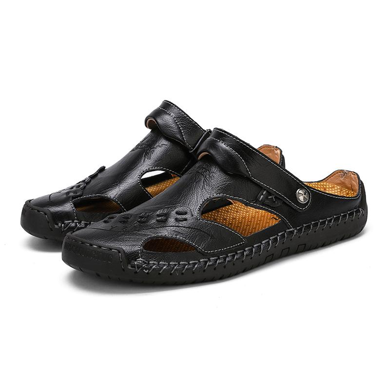Heren Sandalen Ademend Leer Handgemaakt Comfort Zomer Klassiek Ronde Neus Loopzool Outdoor Casual Stijl | Sulvida