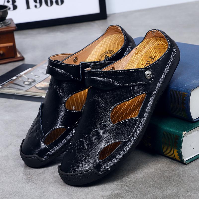 Heren Sandalen Ademend Leer Handgemaakt Comfort Zomer Klassiek Ronde Neus Loopzool Outdoor Casual Stijl | Sulvida