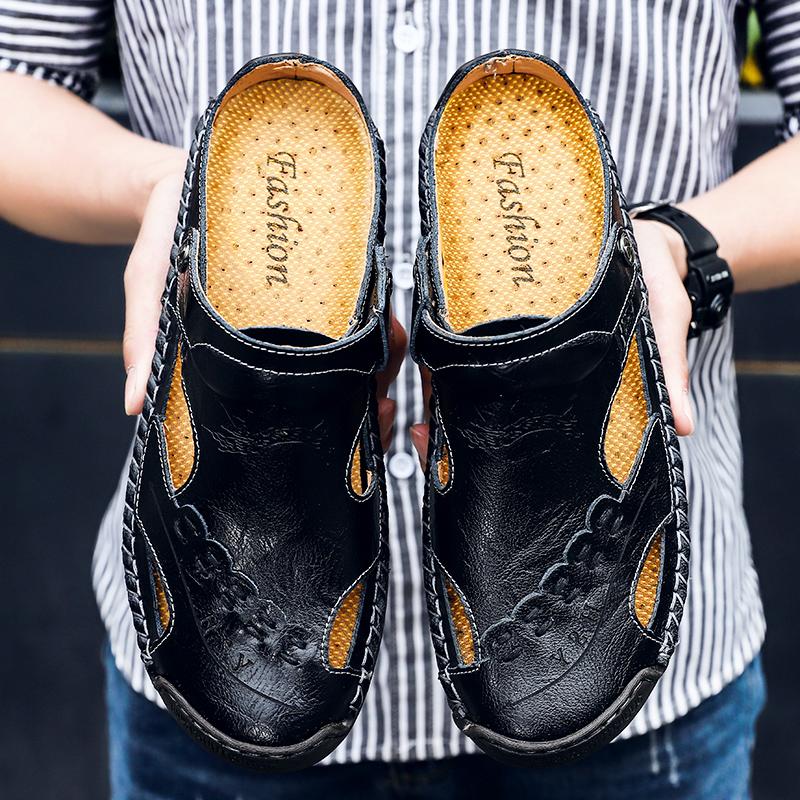 Heren Sandalen Ademend Leer Handgemaakt Comfort Zomer Klassiek Ronde Neus Loopzool Outdoor Casual Stijl | Sulvida