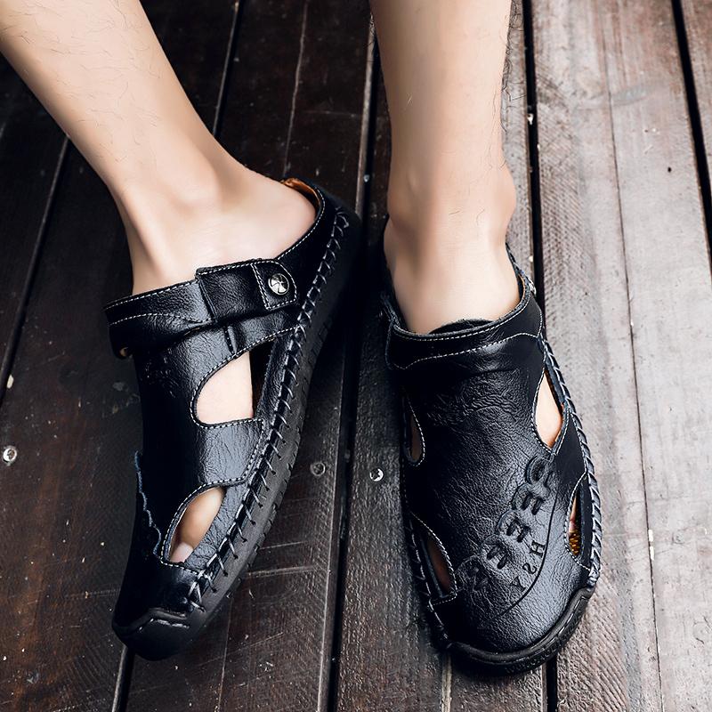 Heren Sandalen Ademend Leer Handgemaakt Comfort Zomer Klassiek Ronde Neus Loopzool Outdoor Casual Stijl | Sulvida