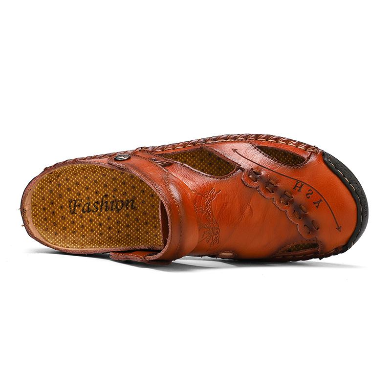 Heren Sandalen Ademend Leer Handgemaakt Comfort Zomer Klassiek Ronde Neus Loopzool Outdoor Casual Stijl | Sulvida