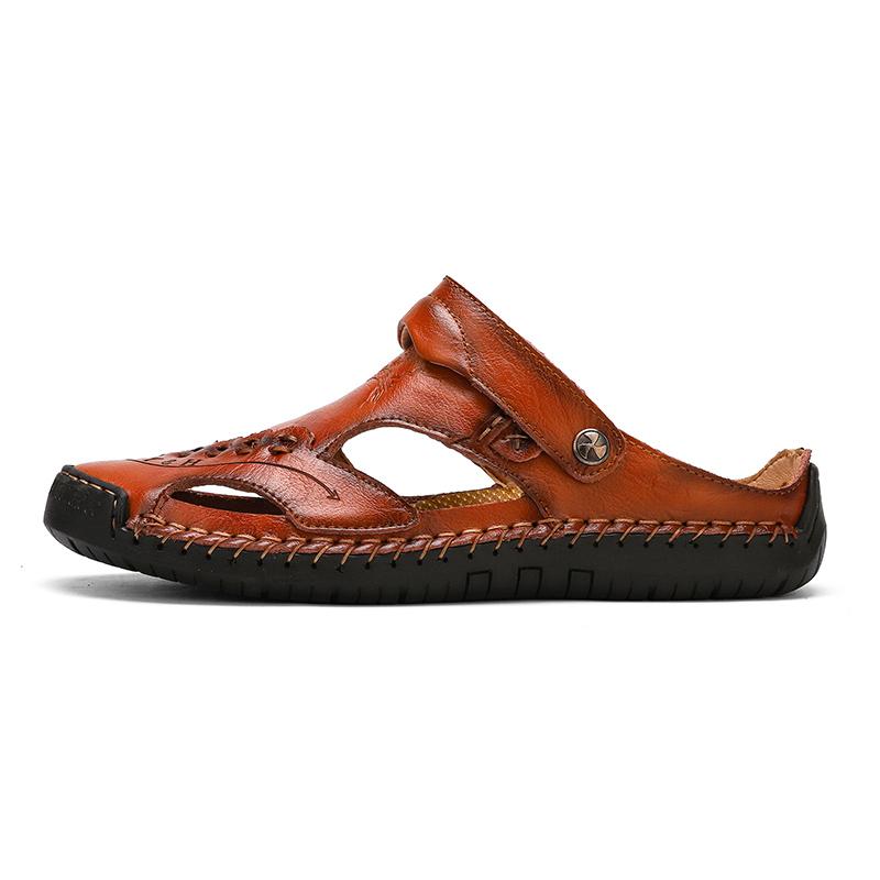 Heren Sandalen Ademend Leer Handgemaakt Comfort Zomer Klassiek Ronde Neus Loopzool Outdoor Casual Stijl | Sulvida