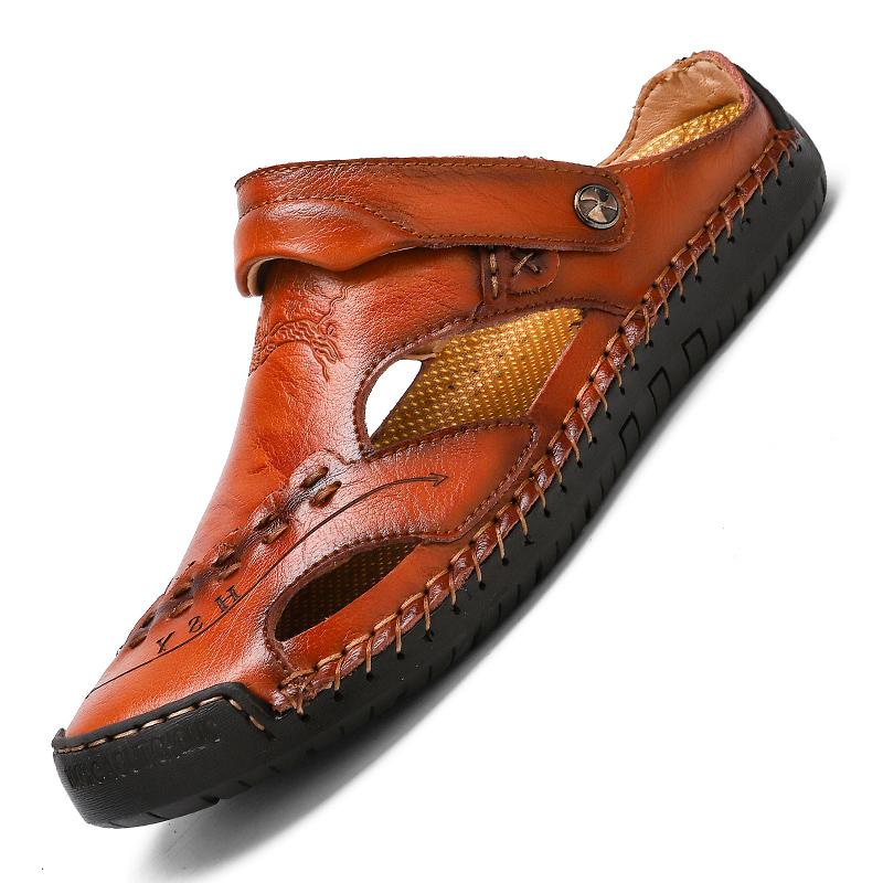 Heren Sandalen Ademend Leer Handgemaakt Comfort Zomer Klassiek Ronde Neus Loopzool Outdoor Casual Stijl | Sulvida