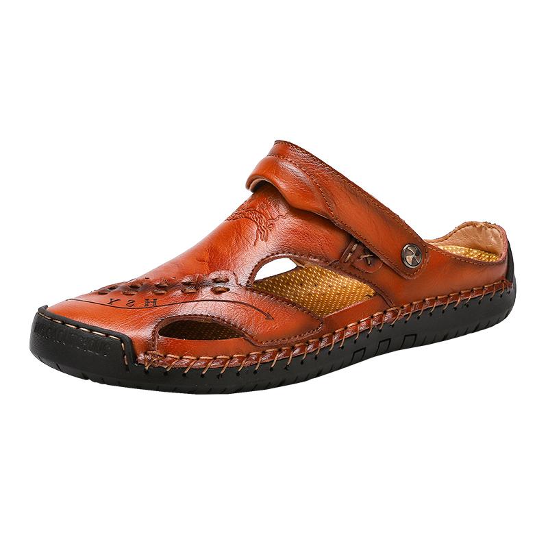 Heren Sandalen Ademend Leer Handgemaakt Comfort Zomer Klassiek Ronde Neus Loopzool Outdoor Casual Stijl | Sulvida