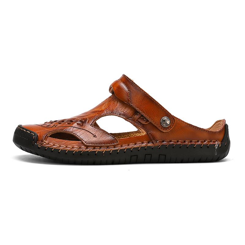 Heren Sandalen Ademend Leer Handgemaakt Comfort Zomer Klassiek Ronde Neus Loopzool Outdoor Casual Stijl | Sulvida