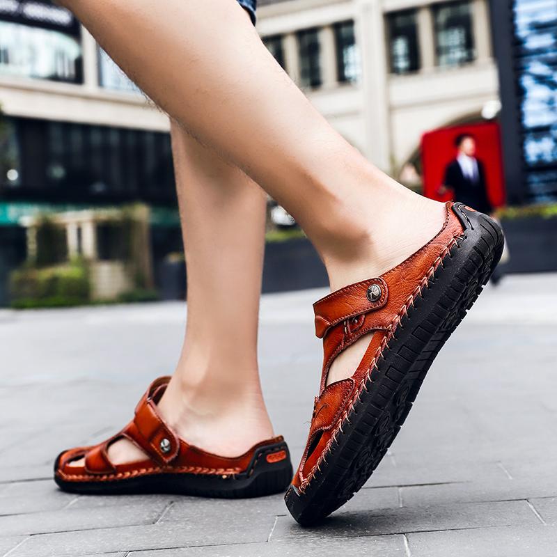 Heren Sandalen Ademend Leer Handgemaakt Comfort Zomer Klassiek Ronde Neus Loopzool Outdoor Casual Stijl | Sulvida