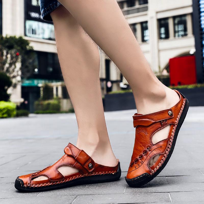 Heren Sandalen Ademend Leer Handgemaakt Comfort Zomer Klassiek Ronde Neus Loopzool Outdoor Casual Stijl | Sulvida