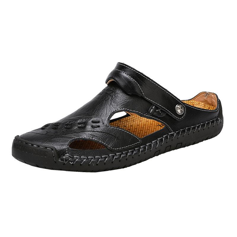 Heren Sandalen Ademend Leer Handgemaakt Comfort Zomer Klassiek Ronde Neus Loopzool Outdoor Casual Stijl | Sulvida