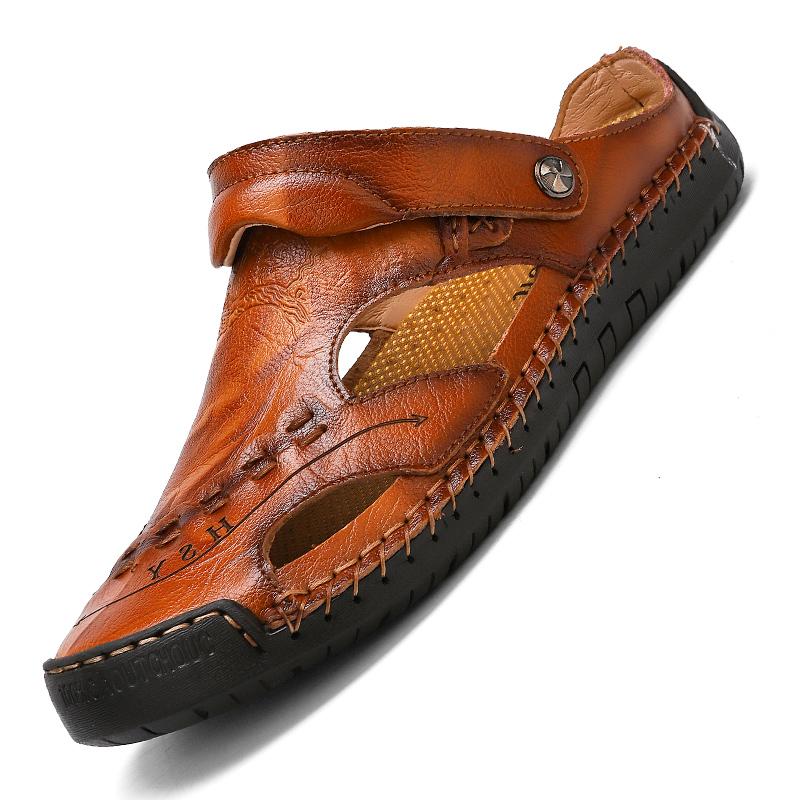 Heren Sandalen Ademend Leer Handgemaakt Comfort Zomer Klassiek Ronde Neus Loopzool Outdoor Casual Stijl | Sulvida