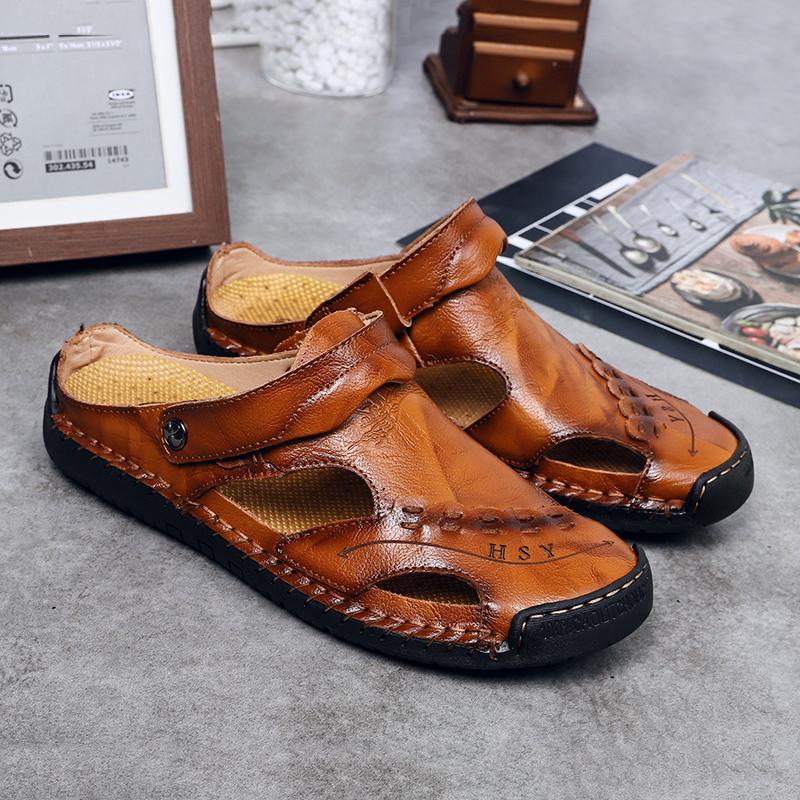Heren Sandalen Ademend Leer Handgemaakt Comfort Zomer Klassiek Ronde Neus Loopzool Outdoor Casual Stijl | Sulvida