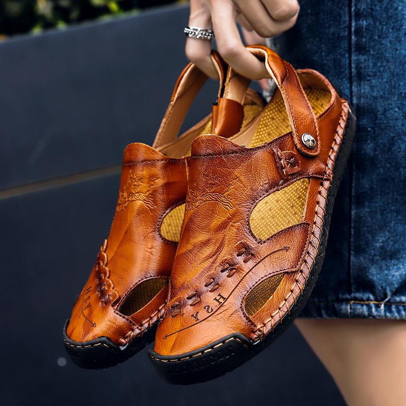 Heren Sandalen Ademend Leer Handgemaakt Comfort Zomer Klassiek Ronde Neus Loopzool Outdoor Casual Stijl | Sulvida