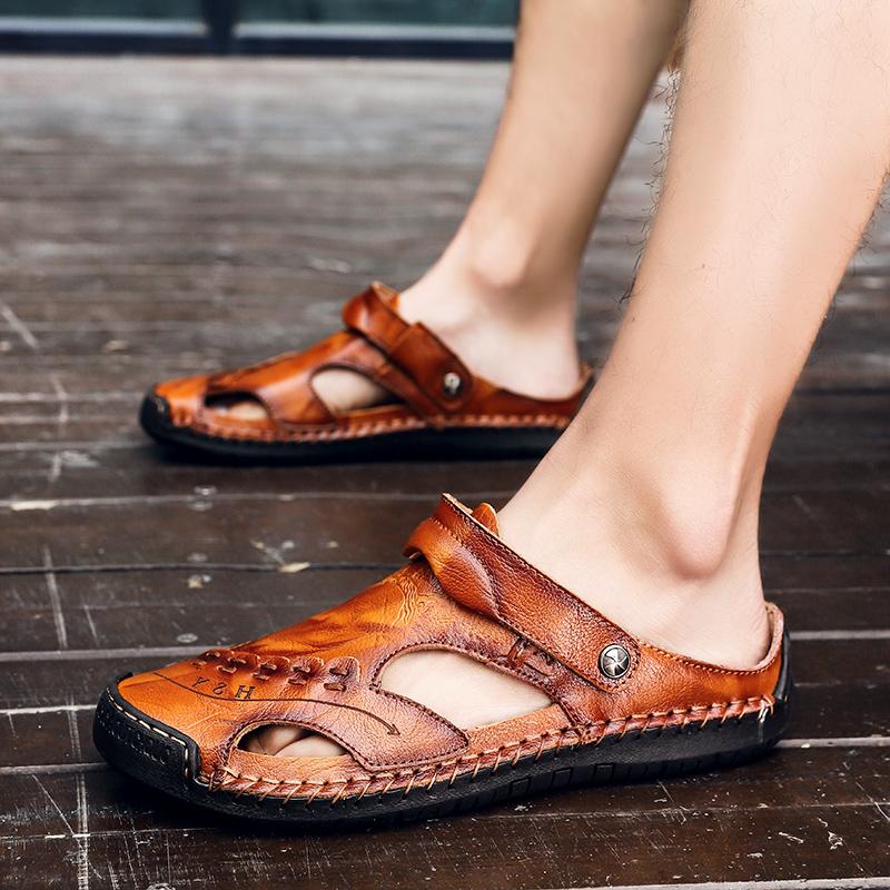 Heren Sandalen Ademend Leer Handgemaakt Comfort Zomer Klassiek Ronde Neus Loopzool Outdoor Casual Stijl | Sulvida