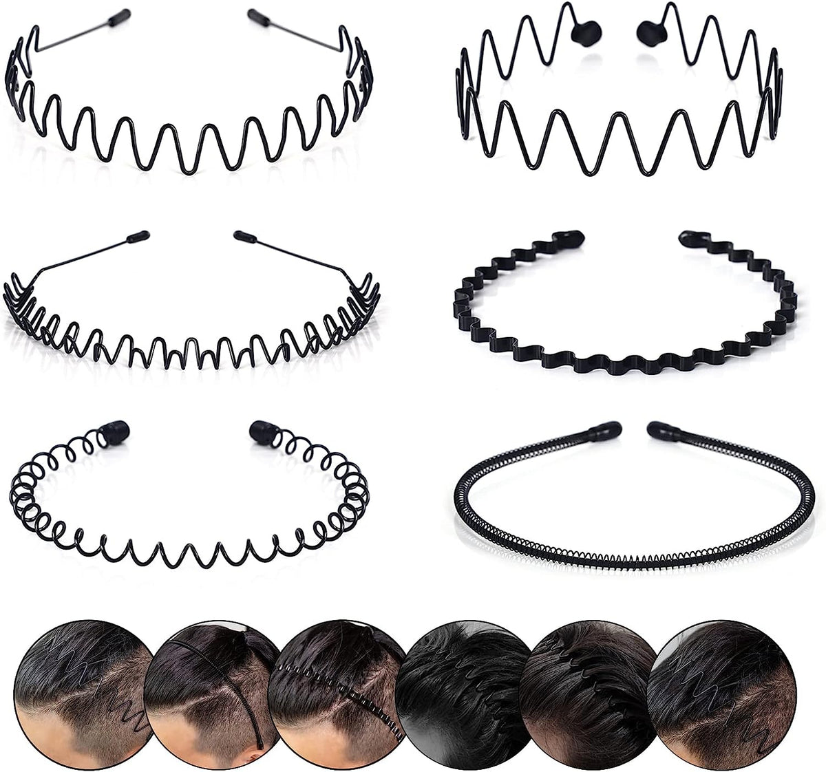 Metalen Haarband voor Heren Set 6 Stuks Golvend Zigzag Spiraal Design Antislip Klassiek Zwart Haaraccessoire | Sulvida