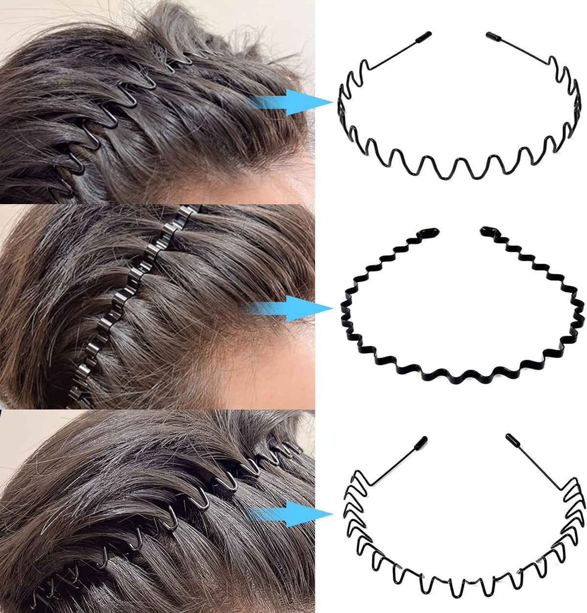 Metalen Haarband voor Heren Set 6 Stuks Golvend Zigzag Spiraal Design Antislip Klassiek Zwart Haaraccessoire | Sulvida