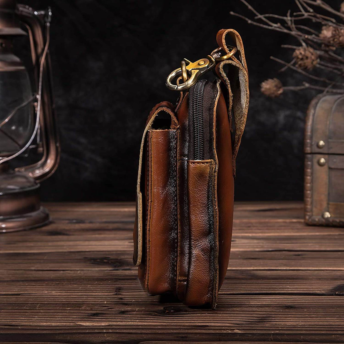 Leren heuptas vintage bruin echt leer met verstelbare riem telefoonvak magnetische sluiting reistasje | Sulvida