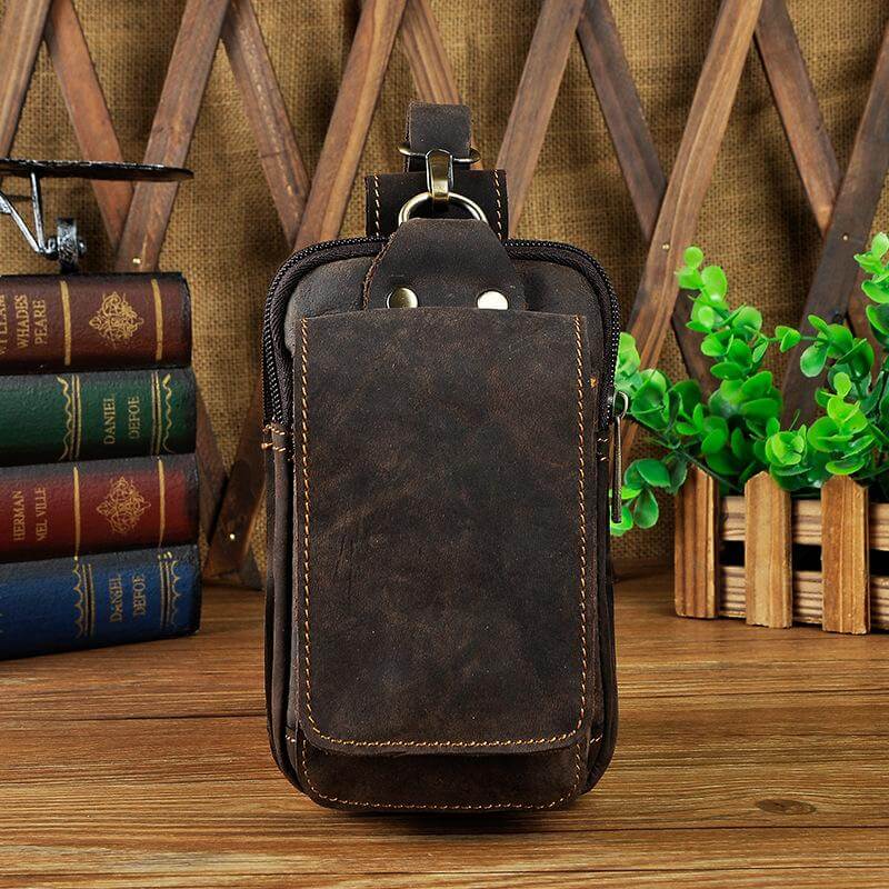 Leren heuptas vintage bruin echt leer met verstelbare riem telefoonvak magnetische sluiting reistasje | Sulvida