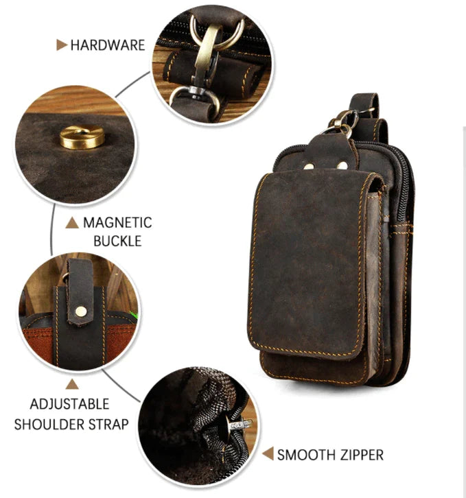 Leren heuptas vintage bruin echt leer met verstelbare riem telefoonvak magnetische sluiting reistasje | Sulvida