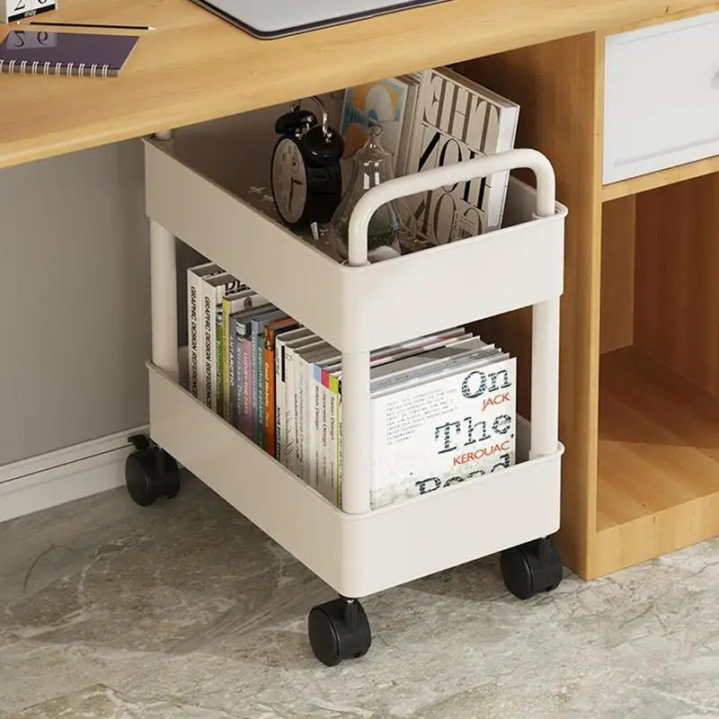 Petite bibliothèque mobile avec porte-stylos, noir et blanc, chariot de rangement compact à roulettes pour bureau | Sulvida