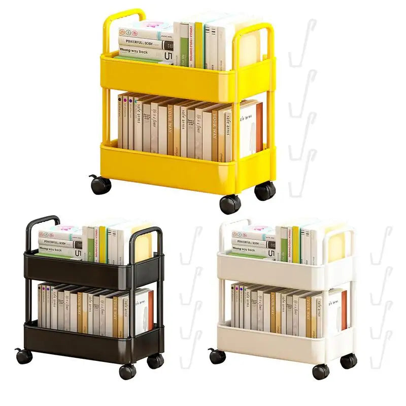 Petite bibliothèque mobile avec porte-stylos, noir et blanc, chariot de rangement compact à roulettes pour bureau | Sulvida