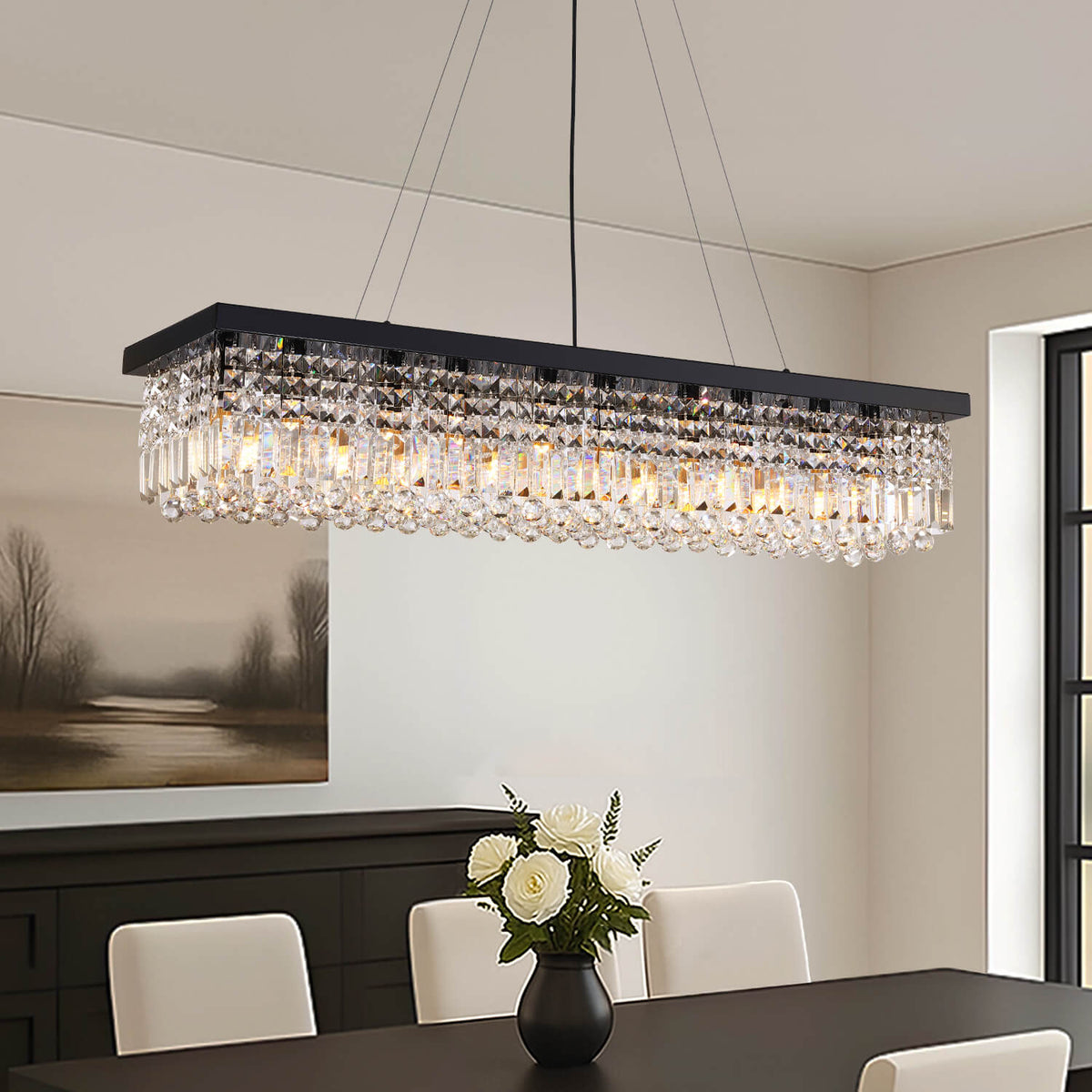 Rechthoekige Kristallen Kroonluchter Zwart Metaal Glazen Druppels Eetkamer Keukeneiland Hanglamp Modern | Sulvida