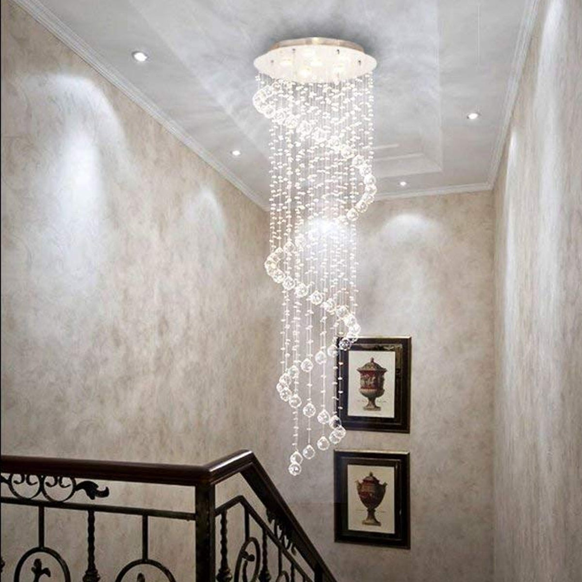 Spiraalvormige kristallen kroonluchter voor trappenhuis hal en vide luxe hanglamp chroom design 40-350 cm | Sulvida