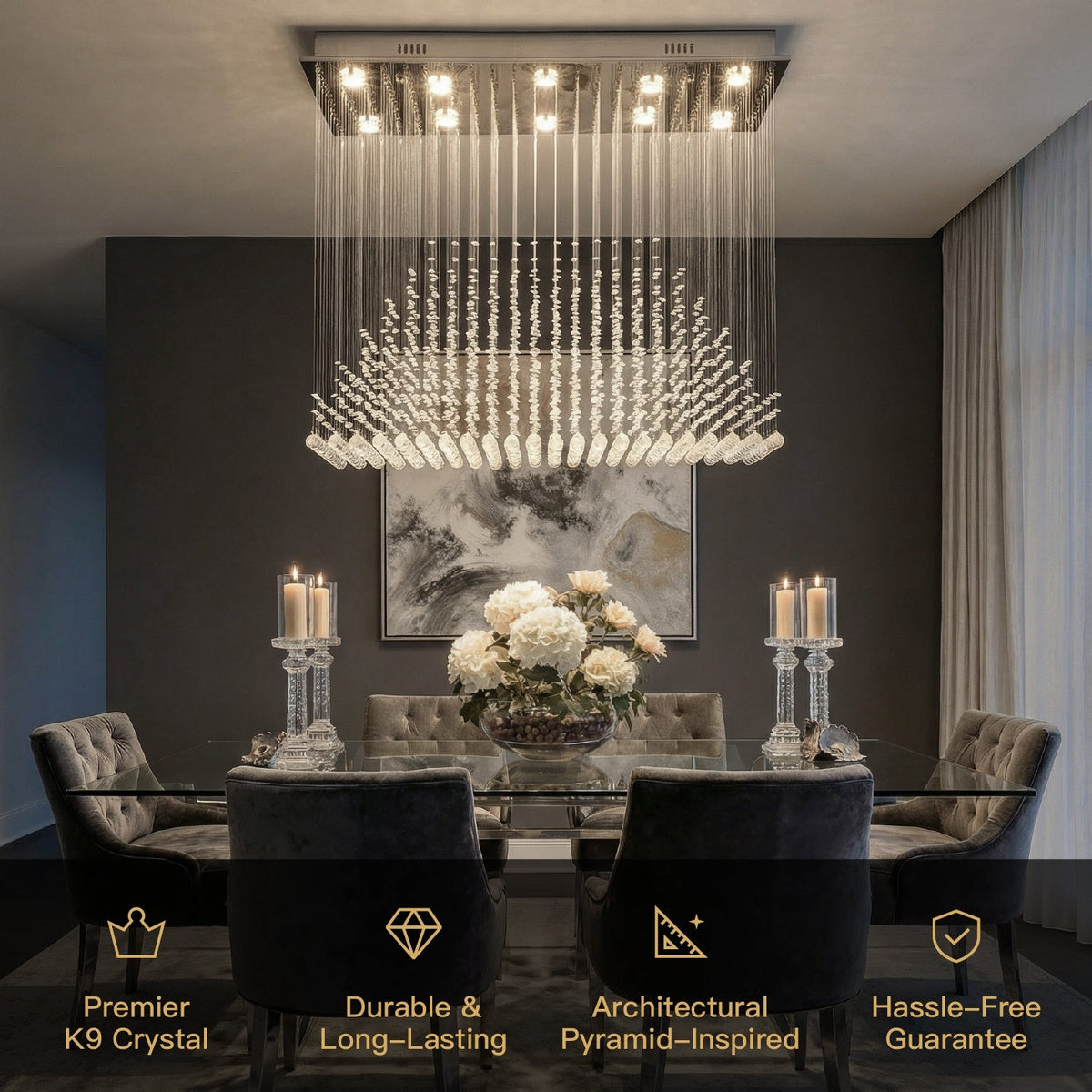 Rechthoekige kristallen hanglamp 100×50×90 cm chroomkleurige kroonluchter woonkamer eetkamer verlichting | Sulvida