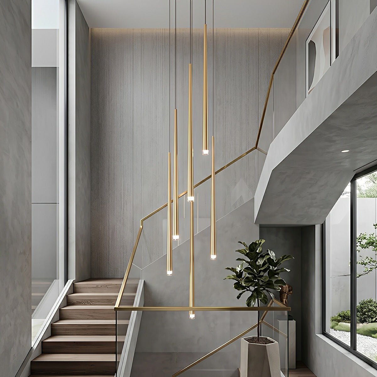 Verticale LED-hanglamp met cascaderende buizen voor trappenhuizen hoge ruimtes en grote open interieurs | Sulvida