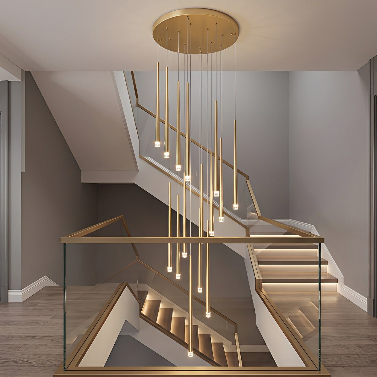 Verticale LED-hanglamp met cascaderende buizen voor trappenhuizen hoge ruimtes en grote open interieurs | Sulvida